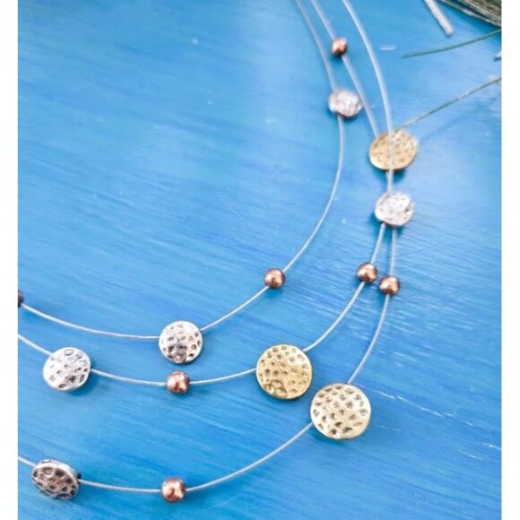 Multi Strand Illusion Necklace Mixed Metal Hammered Metal Discs  Silver Wire - Picture 3 of 5